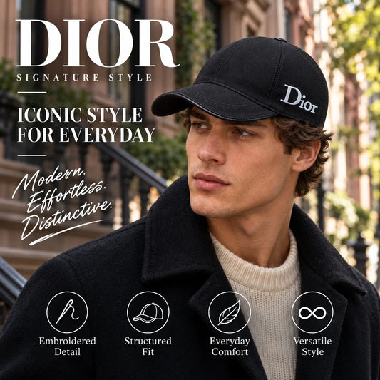 Dior Canvas Embroidered Baseball Cap worn by fashion model in a European street-style setting