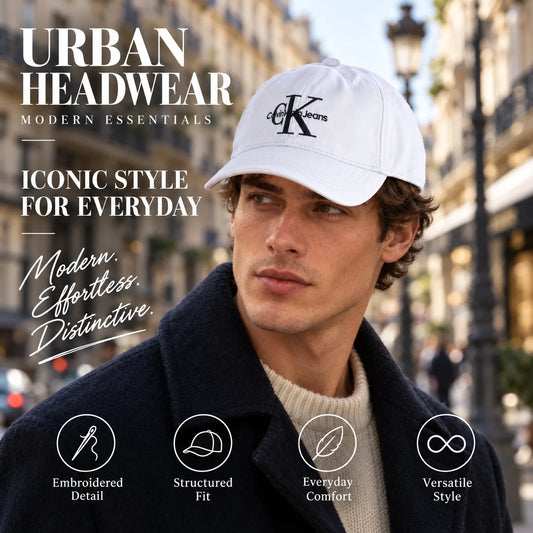 Embroidered Baseball Cap worn by fashion model in a European street-style setting