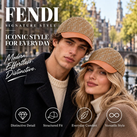 Fendi Baseball Cap worn by fashion model in a European street-style setting