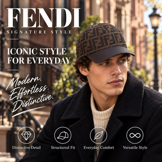 Fendi Baseball Cap worn by fashion model in a European street-style setting