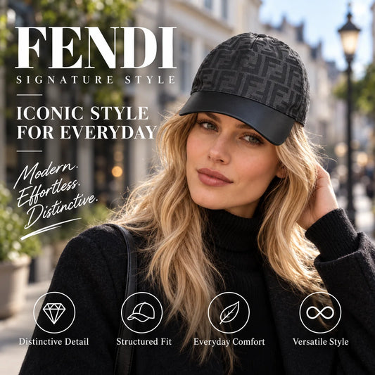 Fendi Baseball Cap worn by fashion model in a European street-style setting