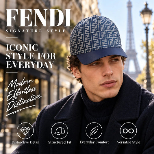 Fendi Baseball Cap worn by fashion model in a European street-style setting