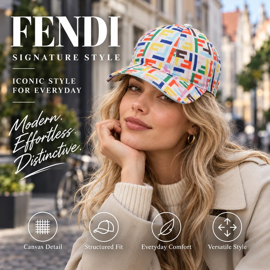 Fendi Canvas Baseball Cap worn by fashion model in a European street-style setting