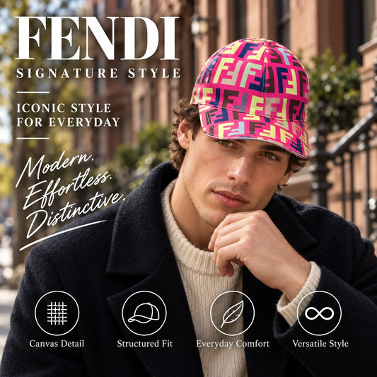 Fendi Canvas Baseball Cap worn by fashion model in a European street-style setting