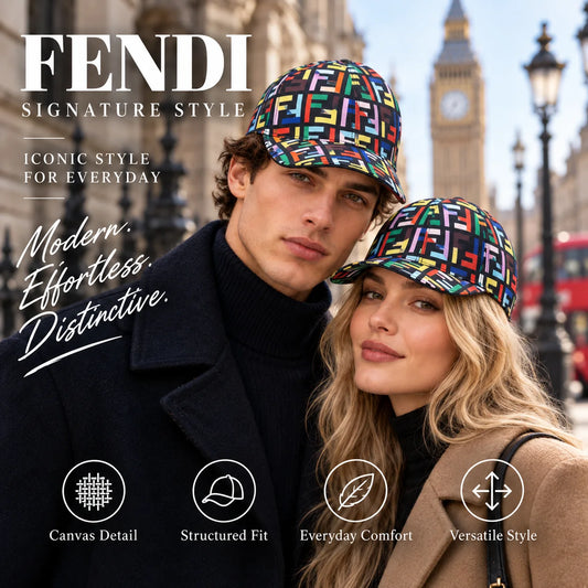 Fendi Canvas Baseball Cap worn by fashion model in a European street-style setting