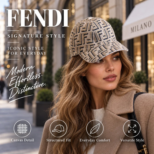 Fendi Canvas Baseball Cap worn by fashion model in a European street-style setting