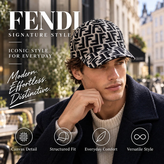 Fendi Canvas Baseball Cap worn by fashion model in a European street-style setting