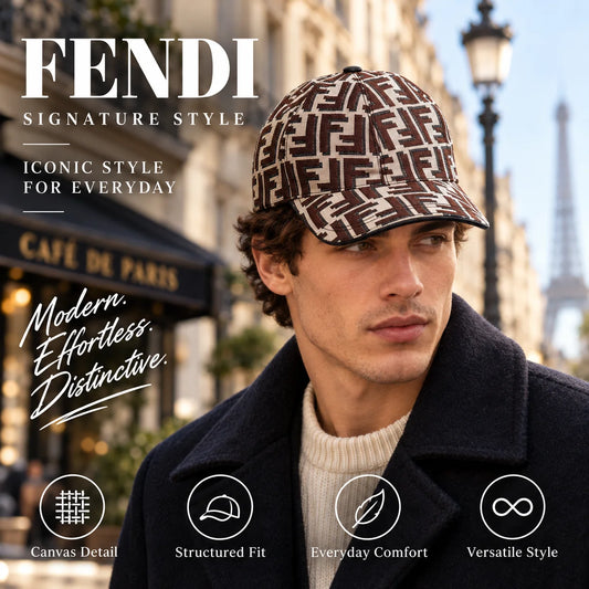Fendi Canvas Baseball Cap worn by fashion model in a European street-style setting