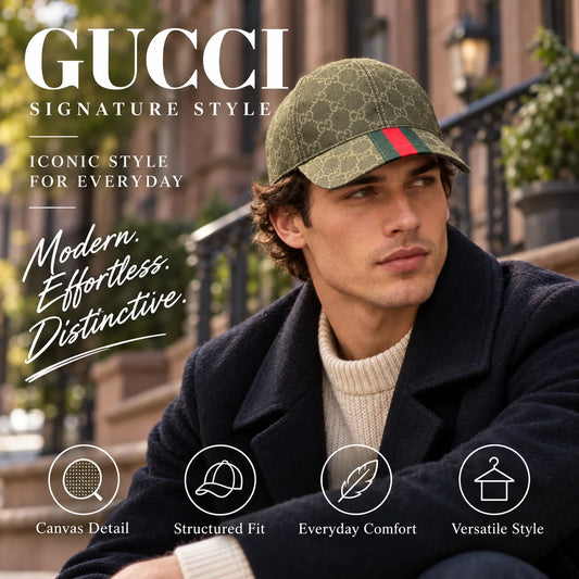 Gucci Canvas Baseball Cap worn by fashion model in a European street-style setting