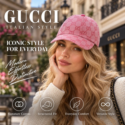 Gucci Canvas Baseball Cap worn by fashion model in a European street-style setting