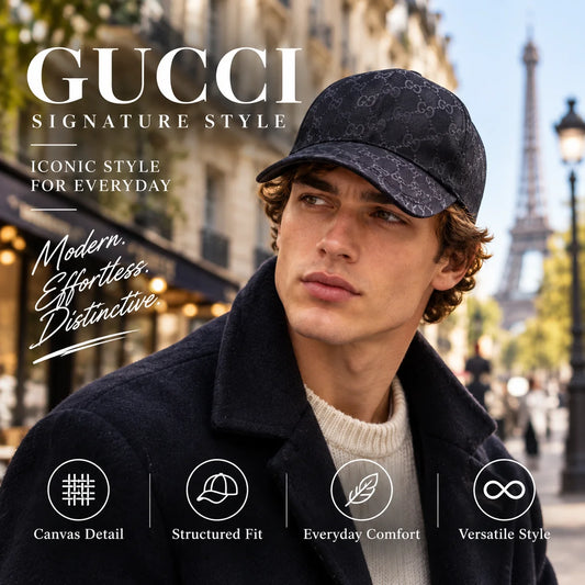 Gucci Canvas Baseball Cap worn by fashion model in a European street-style setting
