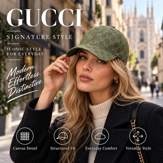 Gucci Canvas Baseball Cap worn by fashion model in a European street-style setting