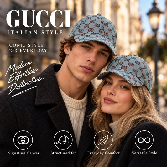 Gucci Canvas Baseball Cap worn by fashion model in a European street-style setting