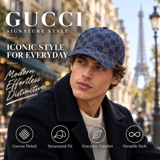 Gucci Canvas Baseball Cap worn by fashion model in a European street-style setting