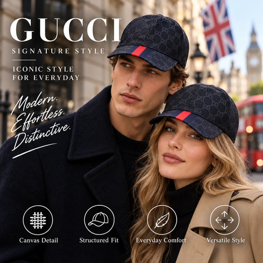 Gucci Canvas Baseball Cap worn by fashion model in a European street-style setting