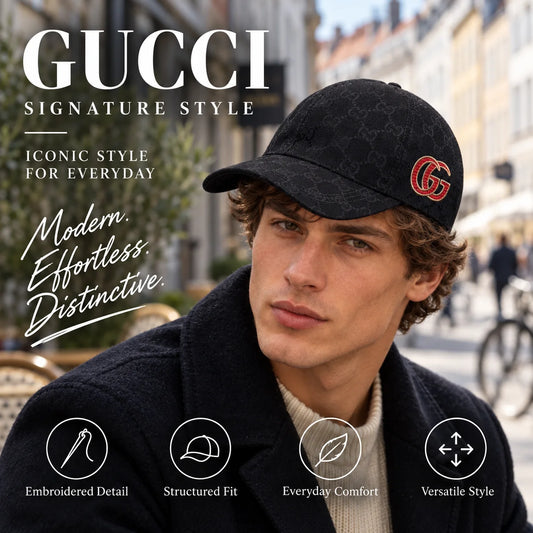 Gucci Canvas Embroidered Baseball Cap worn by fashion model in a European street-style setting