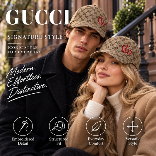 Gucci Canvas Embroidered Baseball Cap worn by fashion model in a European street-style setting