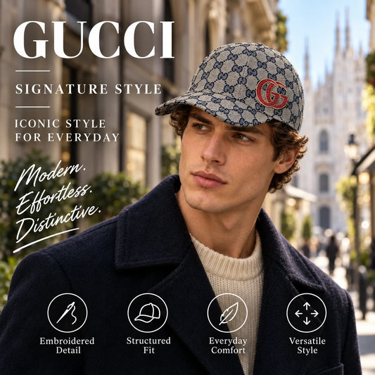 Gucci Canvas Embroidered Baseball Cap worn by fashion model in a European street-style setting