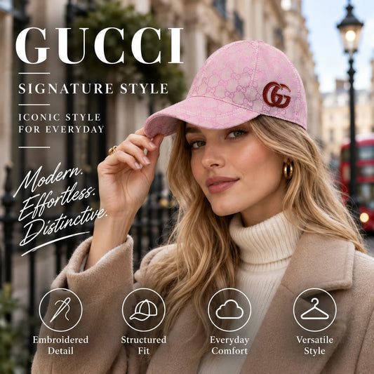 Gucci Canvas Embroidered Baseball Cap worn by fashion model in a European street-style setting