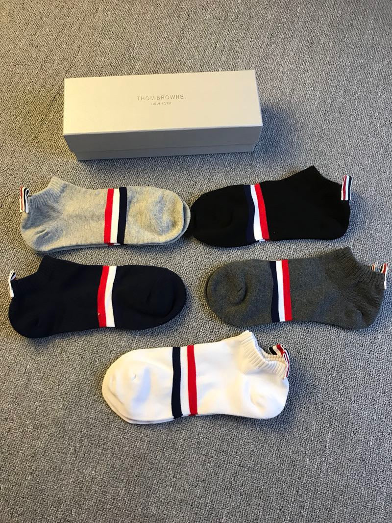 Thom Browne Cotton Visible Branded Cuff Or Emblem Details No-Show Socks - 5-Pair Set