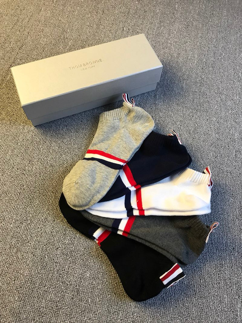 Thom Browne Cotton Red-White-Blue Stripe Details No-Show Socks - 5-Pair Set