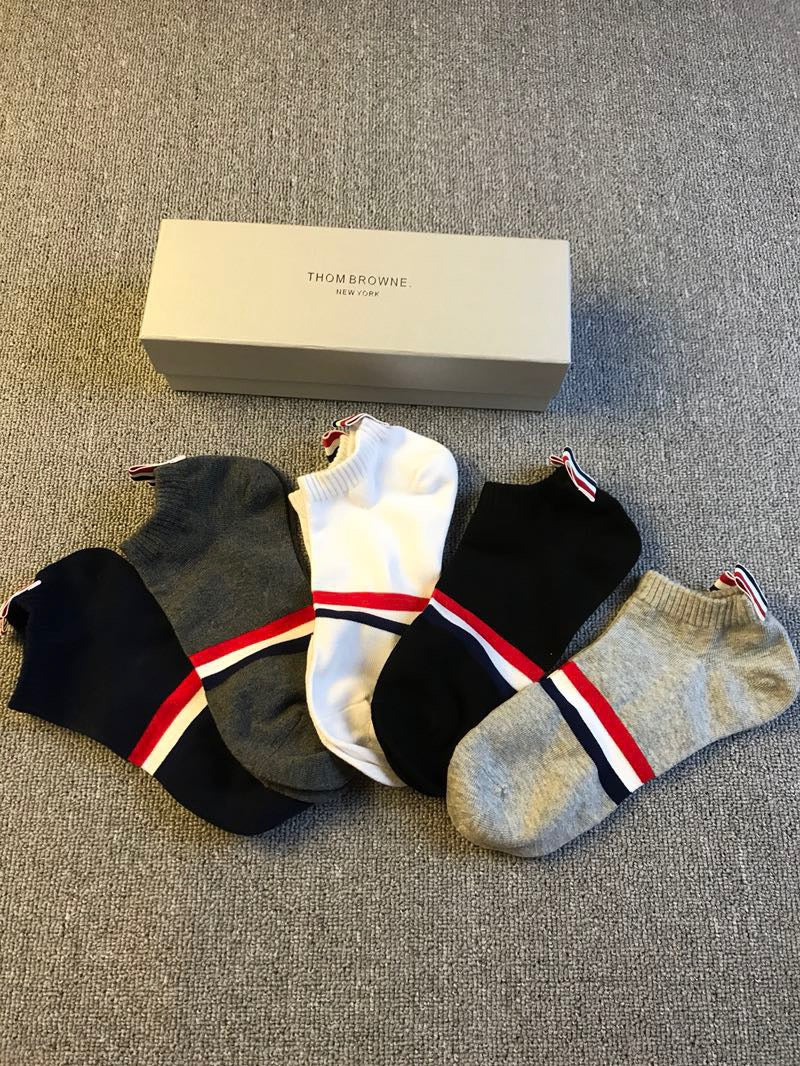 Thom Browne Cotton Red-White-Blue Stripe Details No-Show Socks - 5-Pair Set