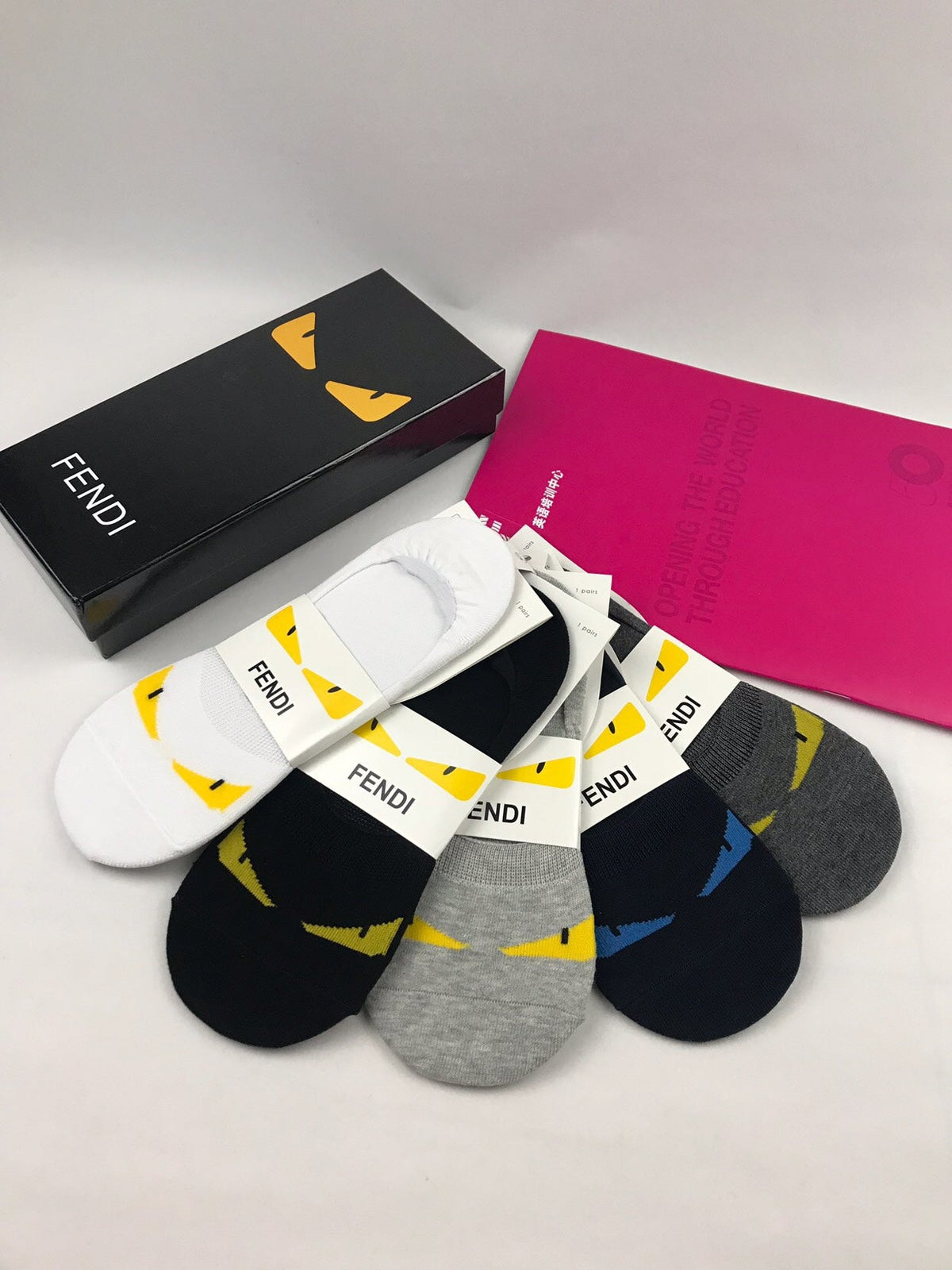 Fendi Yellow Accent Panels No-Show Socks - 5-Pair Set