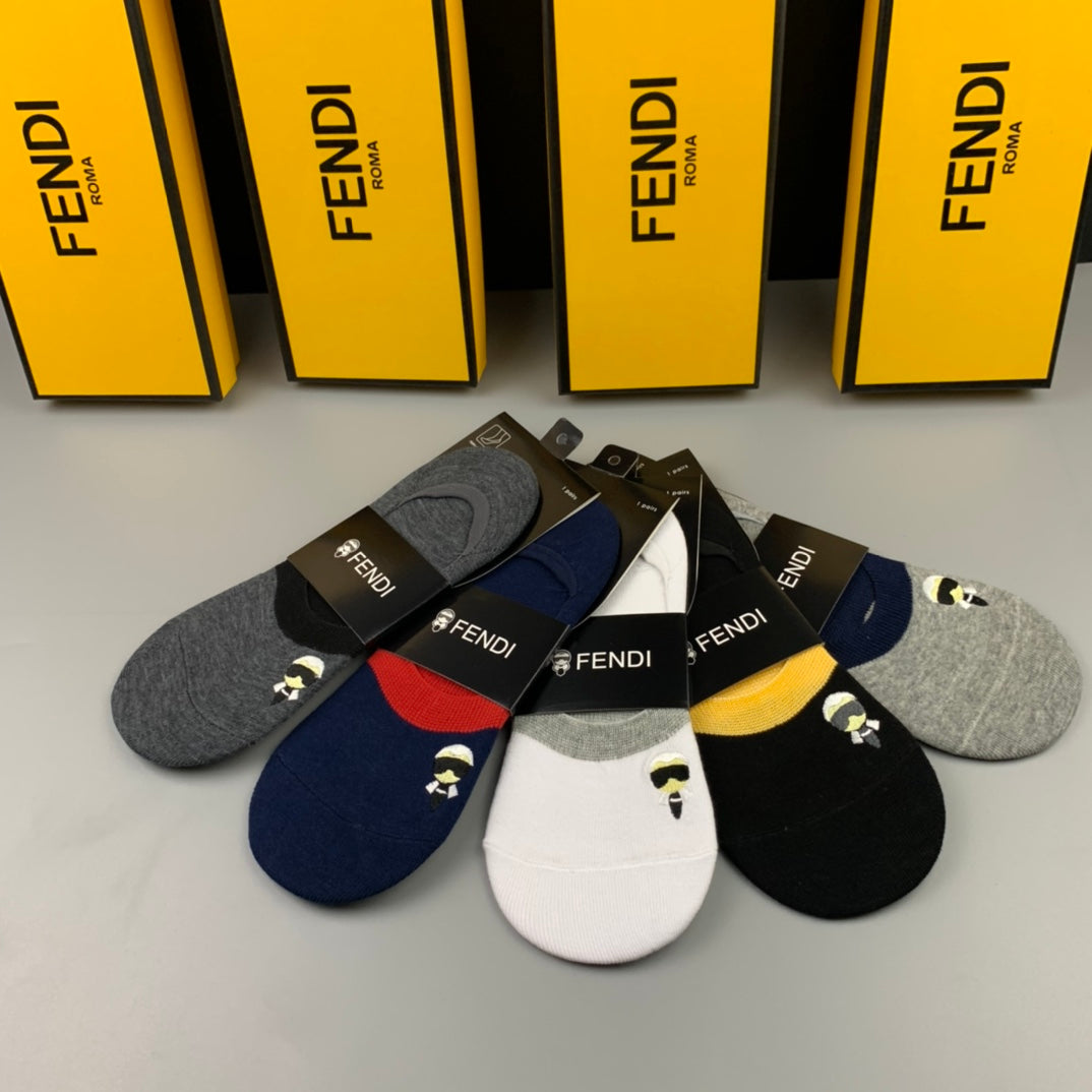 Fendi Cotton Visible Colour, Cuff And Emblem Details No-Show Socks - 5-Pair Set
