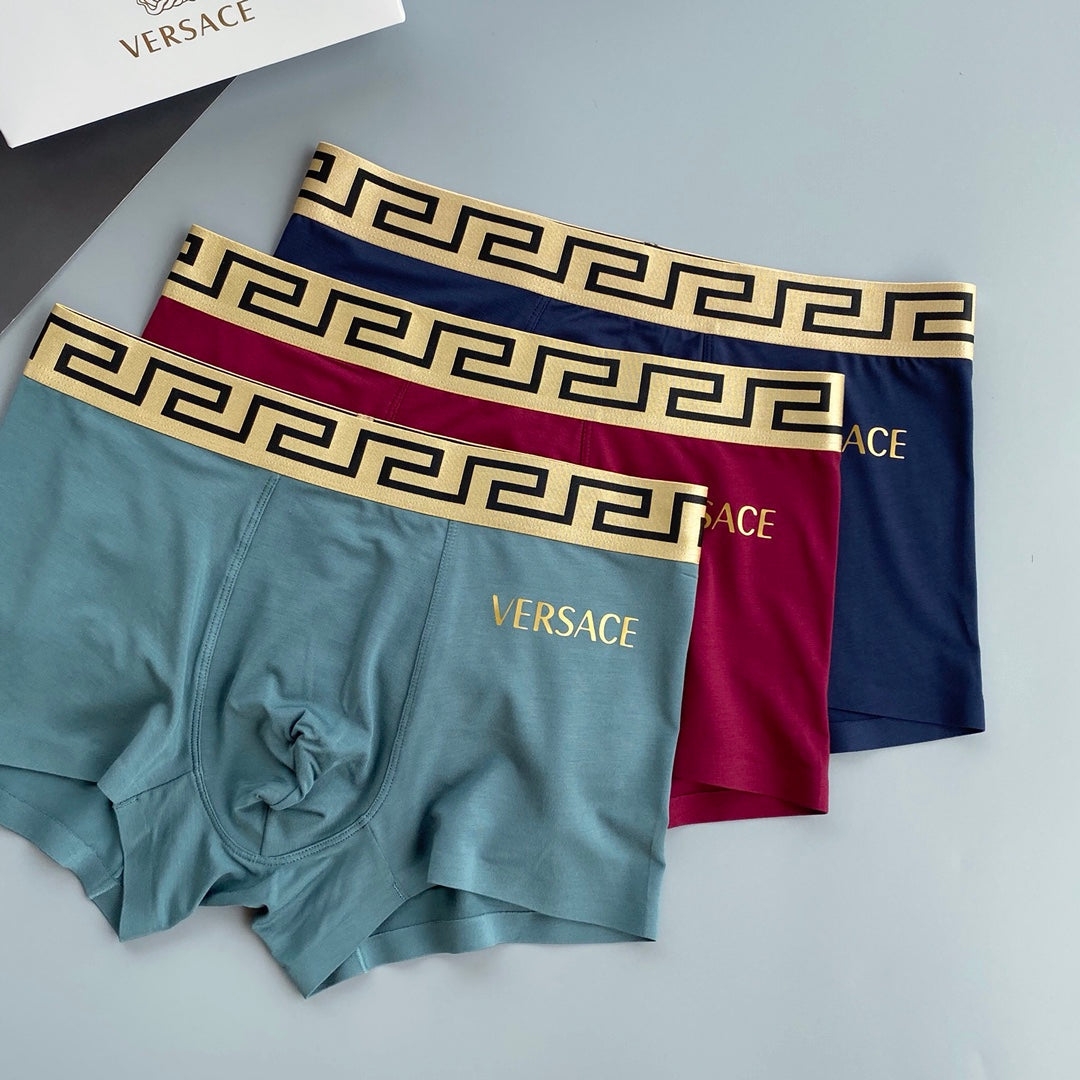 Versace Burgundy Gold Wordmark Boxer Briefs 3-Piece Box