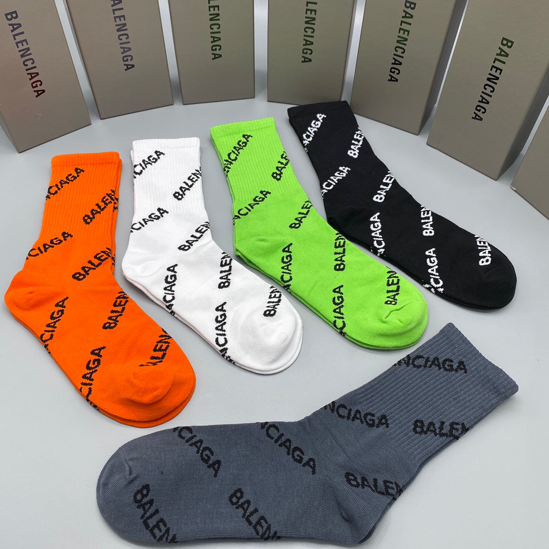 Balenciaga Crew Socks - Black, White, Orange, Green and Grey 5-Pair Box