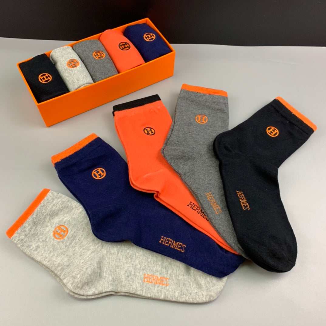 Hermes Solid Logo Crew Socks - Box of 5 Pairs