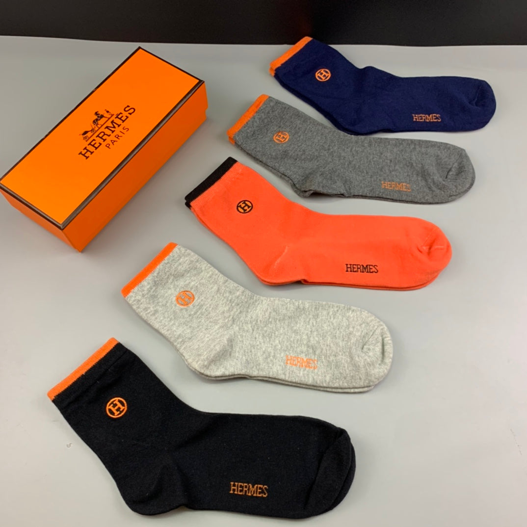 Hermes Solid Logo Crew Socks - Box of 5 Pairs