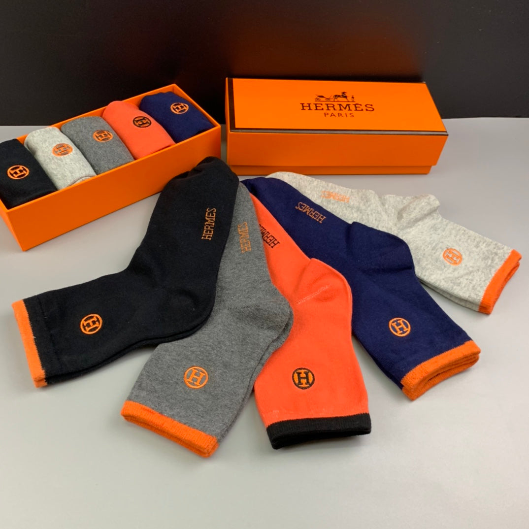 Hermes Cotton Small Embroidered Logo Details Crew Socks - 5-Pair Set