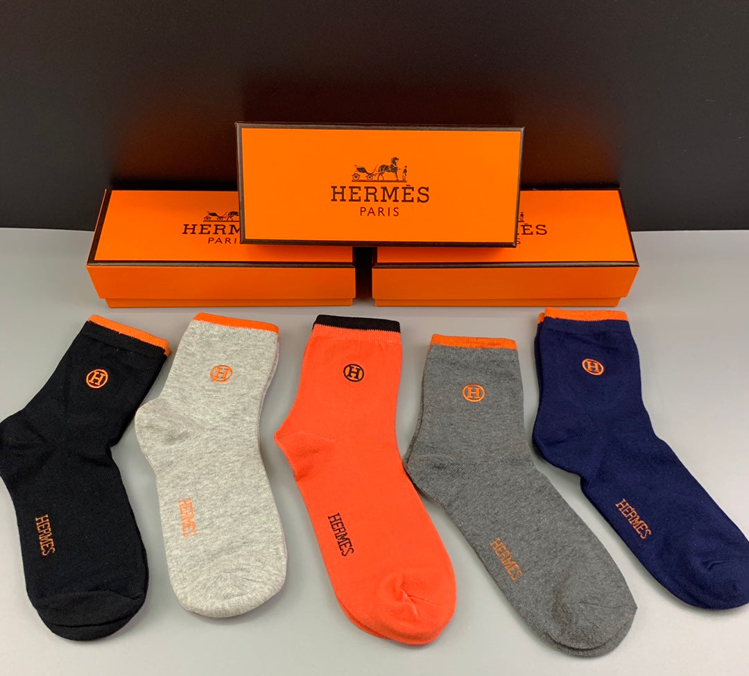 Hermes Solid Logo Crew Socks - Box of 5 Pairs