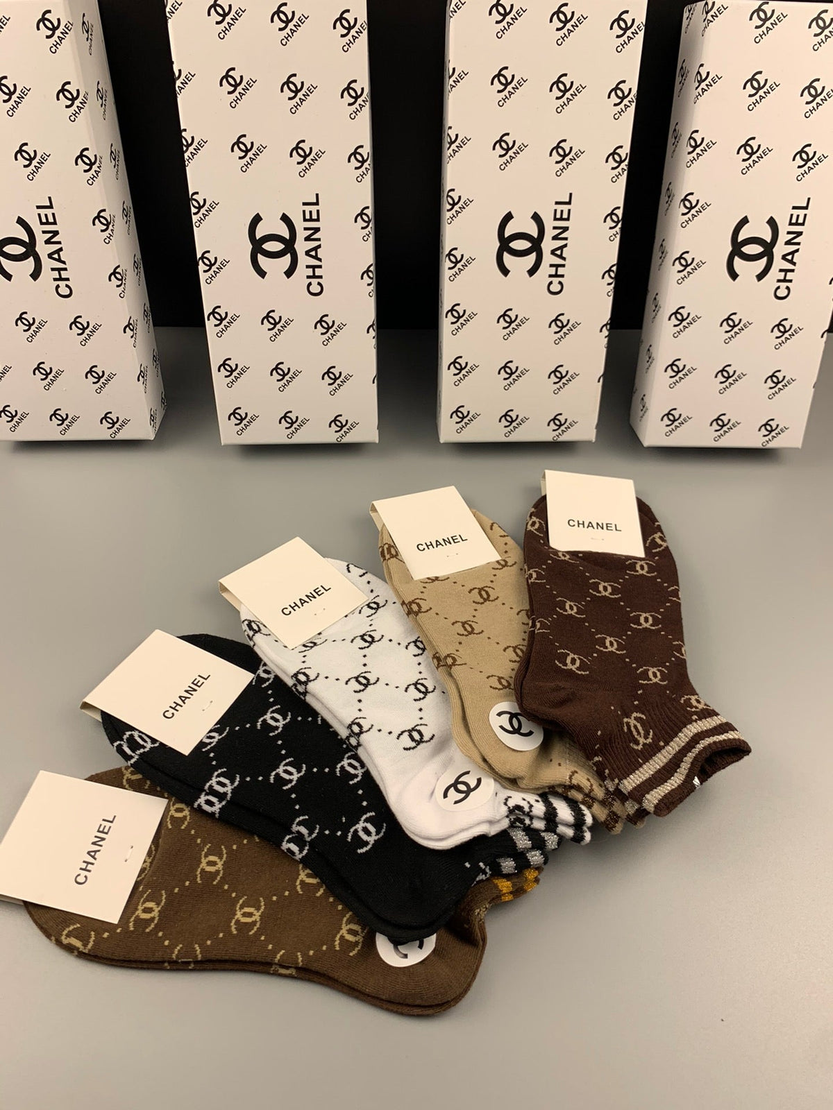Chanel Cotton Mixed Stripes And Repeating Emblem Patterns Ankle Socks - 5-Pair Set
