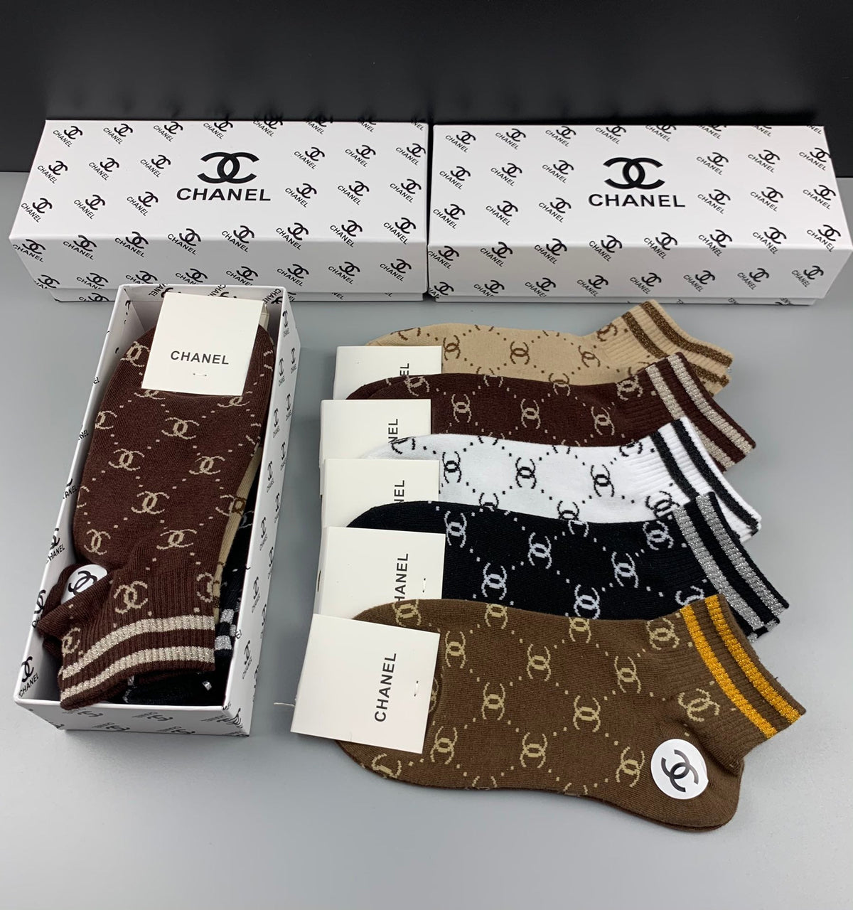 Chanel Cotton Mixed Stripes And Repeating Emblem Patterns Ankle Socks - 5-Pair Set
