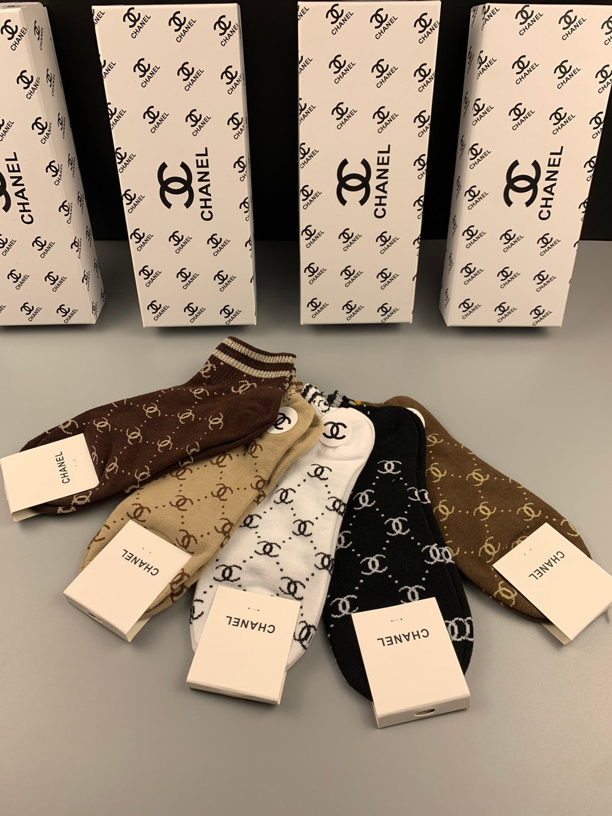 Chanel Cotton Mixed Stripes And Repeating Emblem Patterns Ankle Socks - 5-Pair Set