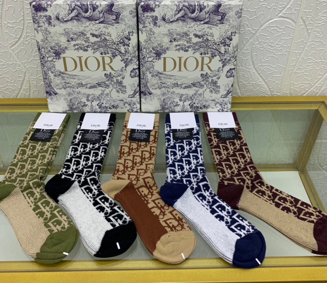 Dior Cotton Mixed All-Over Motifs Crew Socks - 5-Pair Set