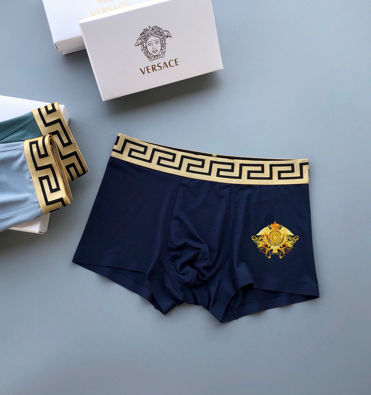 Versace Blue Gold Crest Boxer Briefs 3-Piece Box Collection