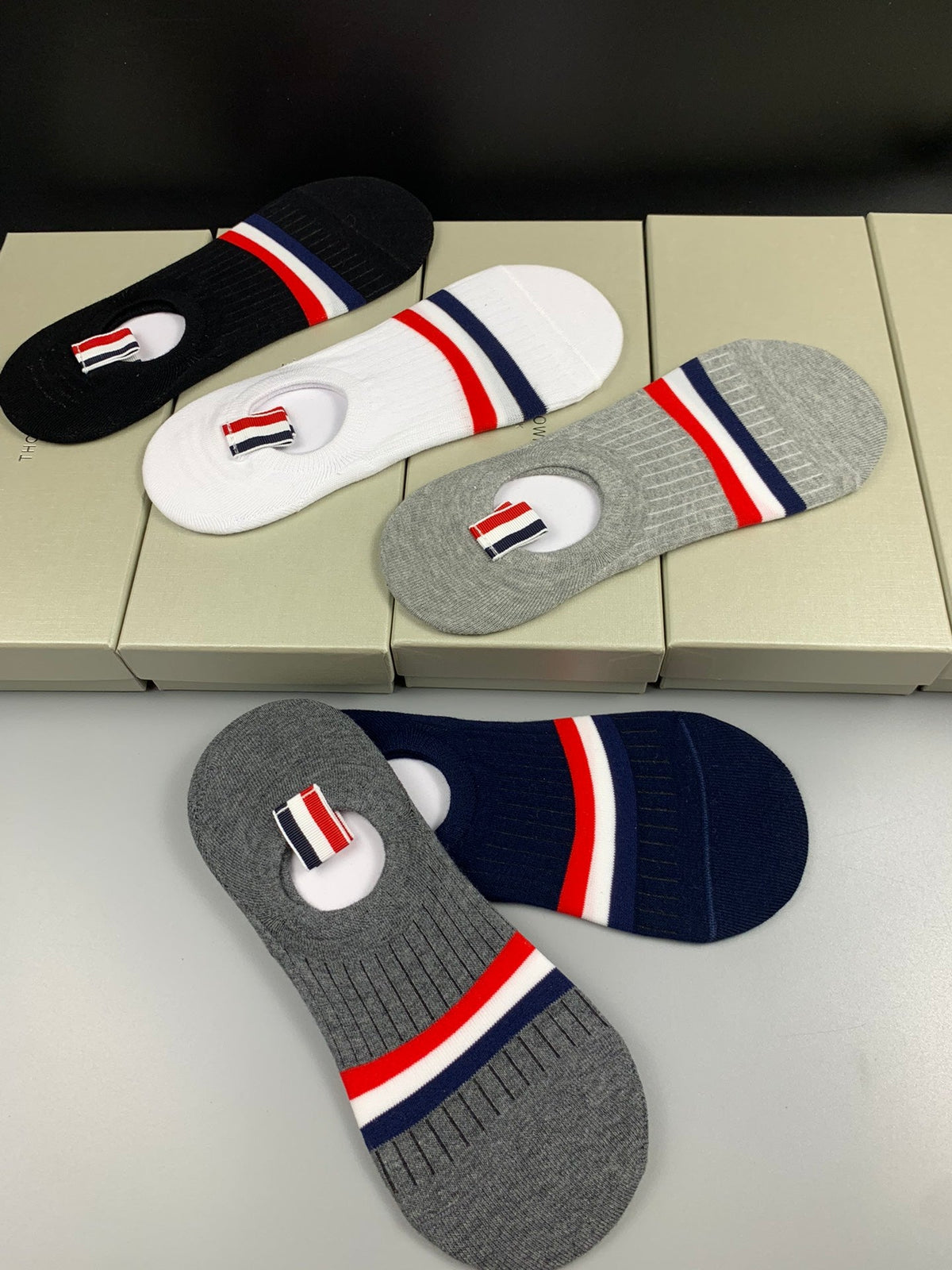 Thom Browne Cotton Red-White-Blue Stripe Details No-Show Socks - 5-Pair Set