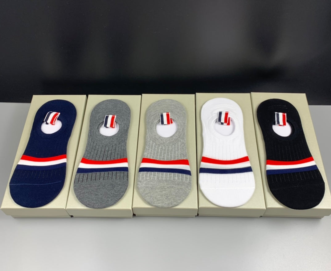 Thom Browne Tricolour Stripe Details No-Show Socks - 5-Pair Set