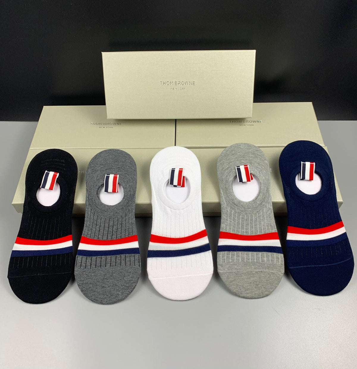 Thom Browne Cotton Red-White-Blue Stripe Details No-Show Socks - 5-Pair Set