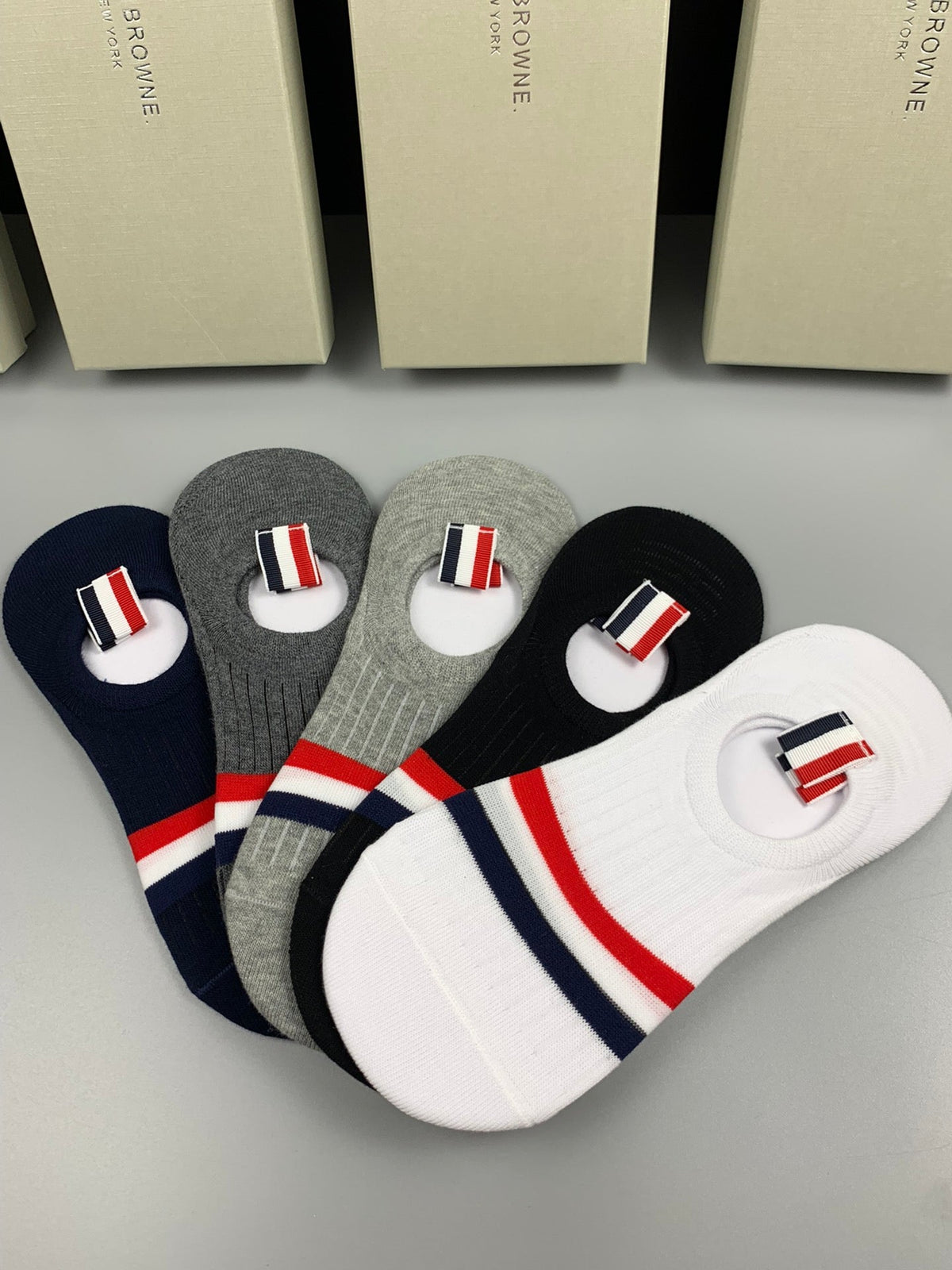Thom Browne Cotton Red-White-Blue Stripe Details No-Show Socks - 5-Pair Set