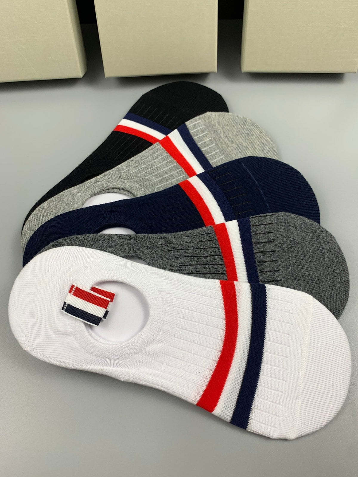 Thom Browne Tricolour Stripe Details No-Show Socks - 5-Pair Set