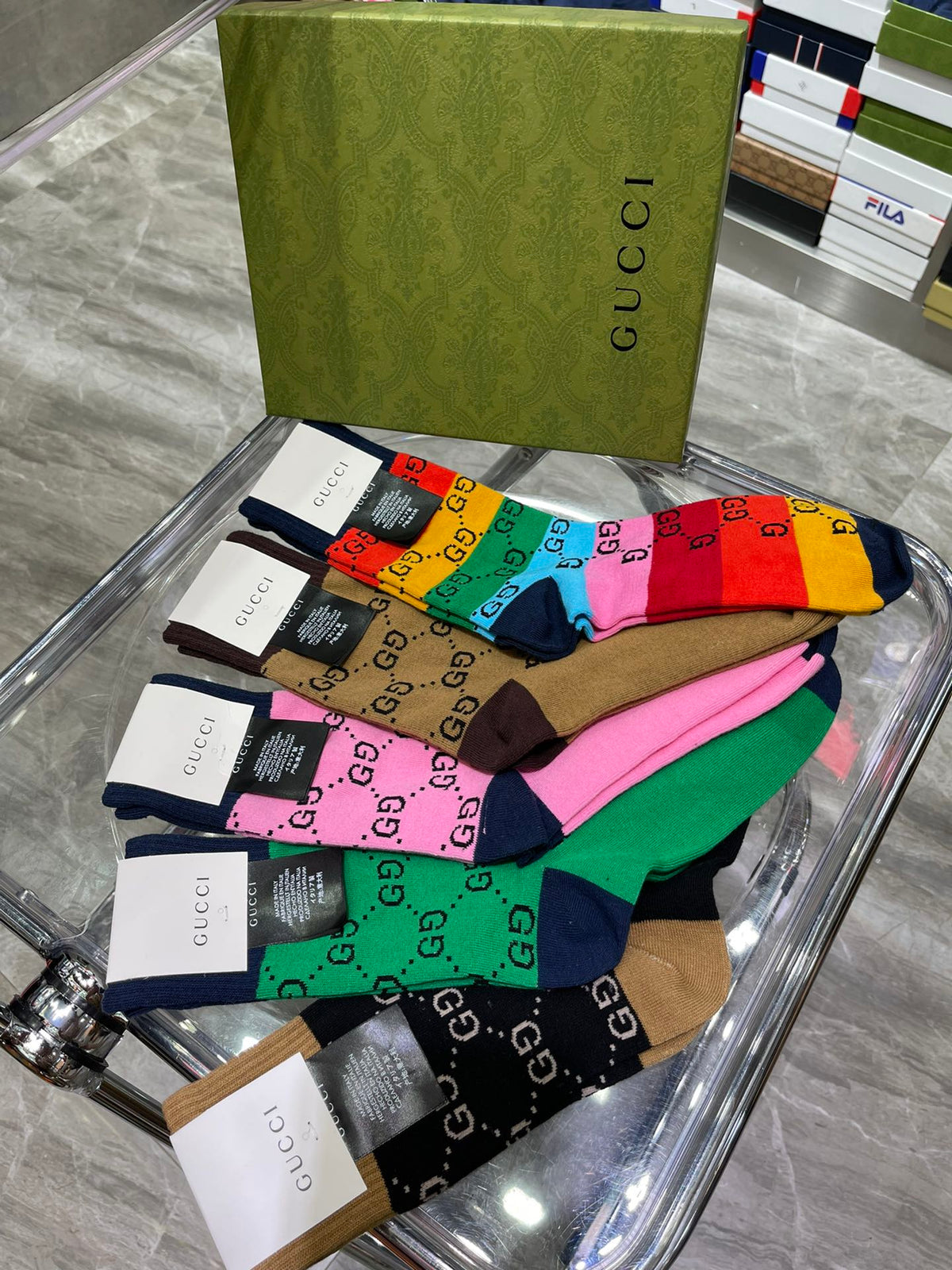 Gucci Cotton Repeating Monogram-Style Patterns Crew Socks