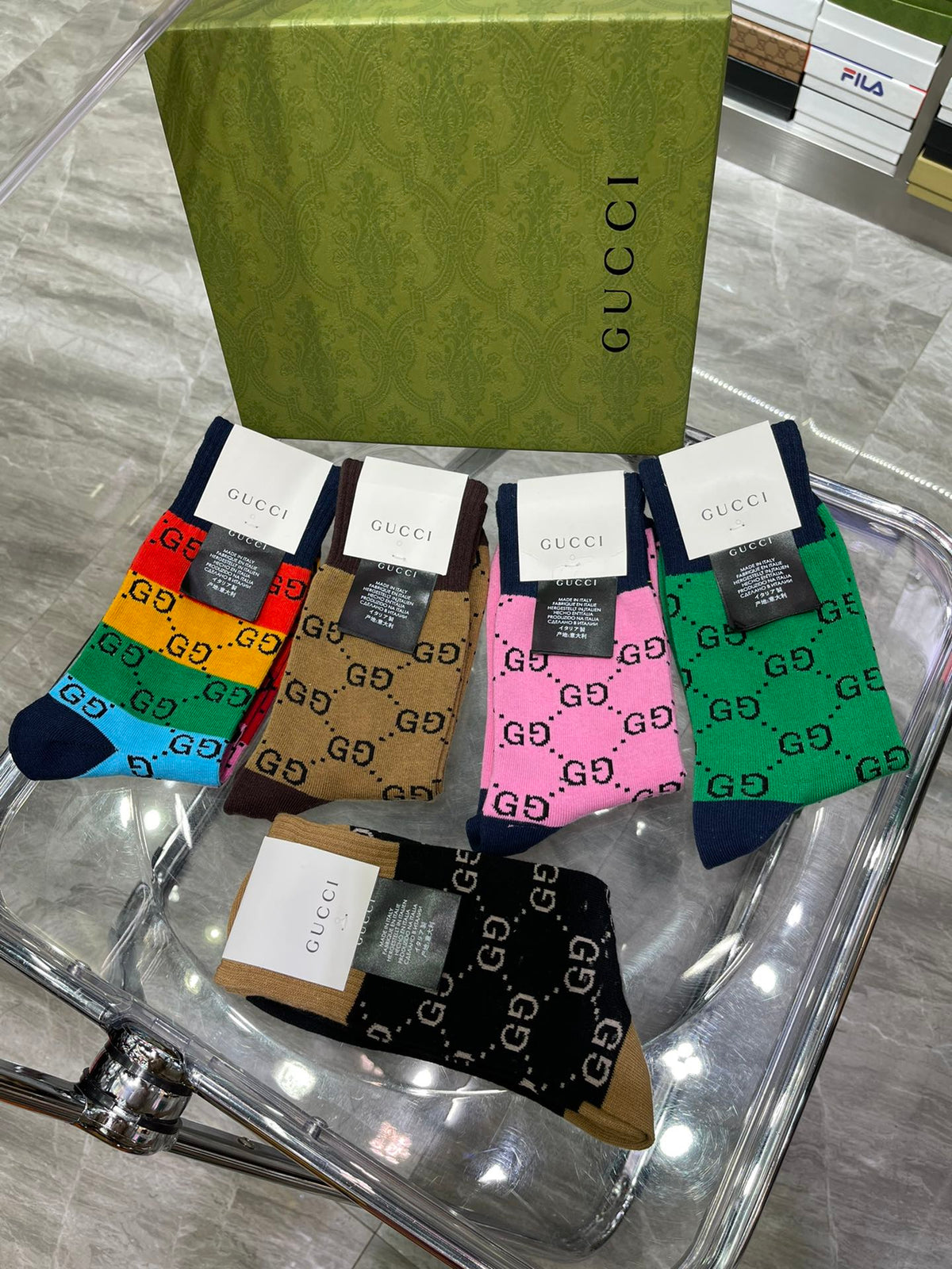 Gucci Cotton Repeating Monogram-Style Patterns Crew Socks