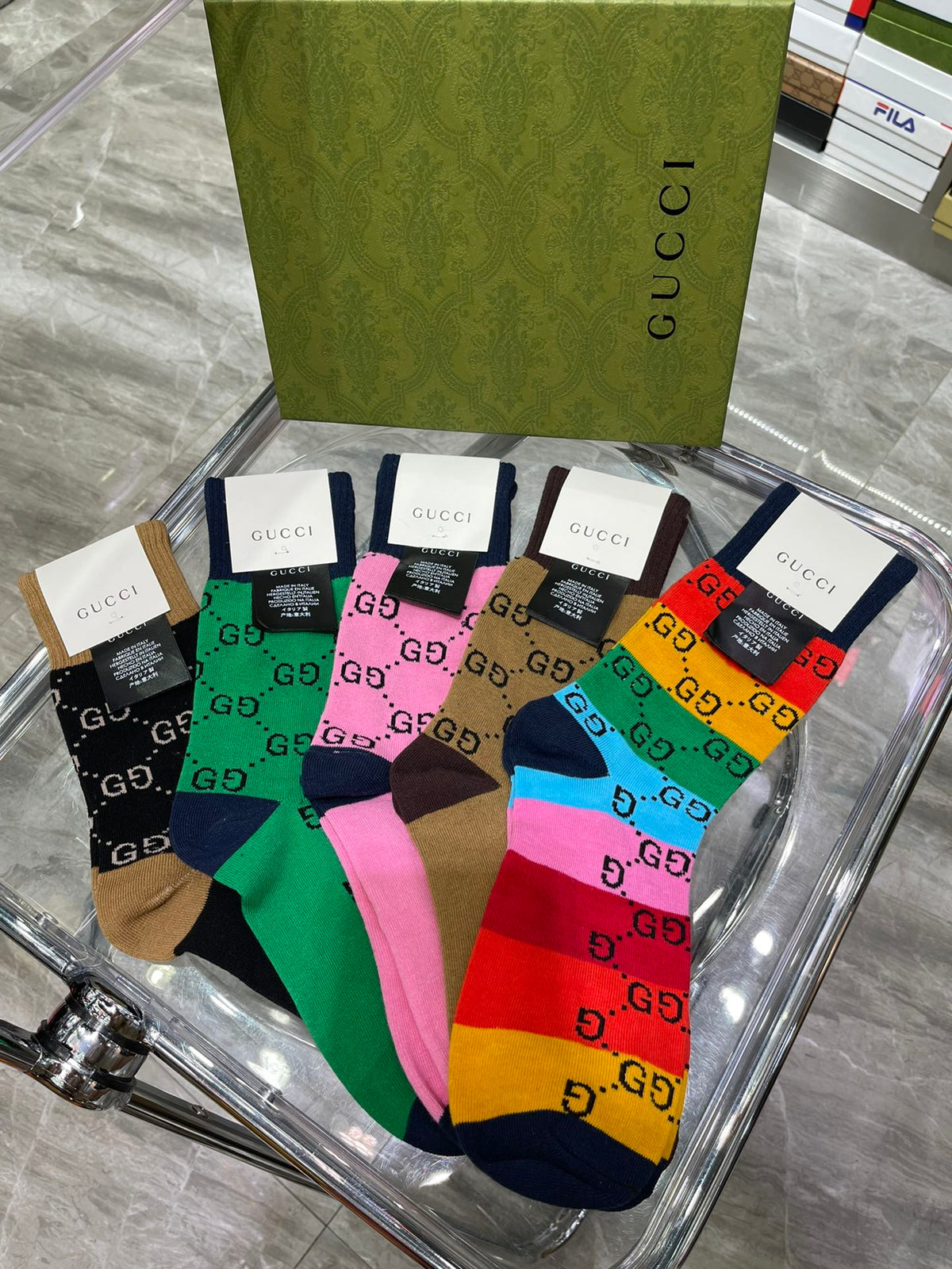 Gucci Cotton Repeating Monogram-Style Patterns Crew Socks