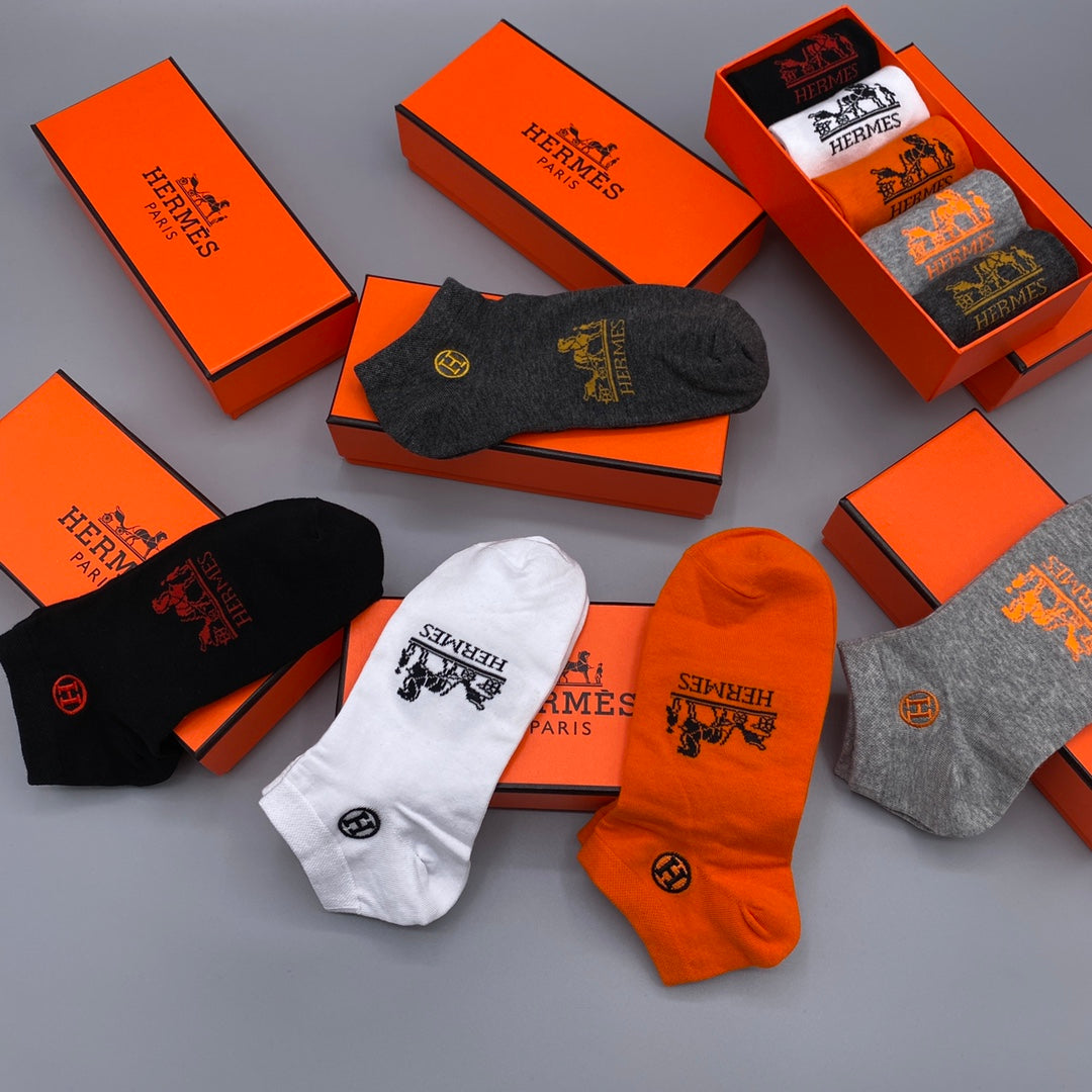 Hermes 200-needle combed cotton Contrast Wordmarks Ankle Socks - 5-Pair Set