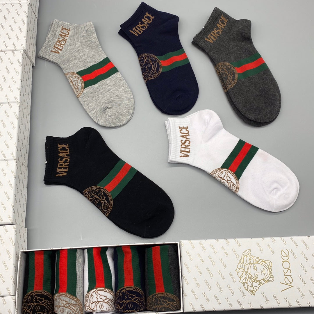 Versace Stripe And Medallion Details Ankle Socks - 5-Pair Set
