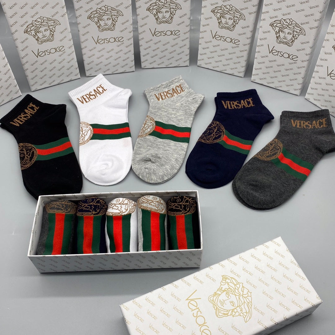 Versace Web-Stripe And Medallion Details Ankle Socks - 5-Pair Set